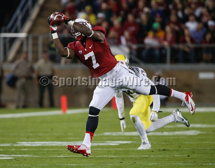 2013-Stanford-Oregon-021.JPG - Nov. 7, 2013; Stanford, CA, USA; Stanford Cardinal wide receiver Ty Montgomery (7) catches a pass for 7 yards in the first quarter against the Oregon Ducks at Stanford Stadium. Stanford defeated Oregon 26-20.